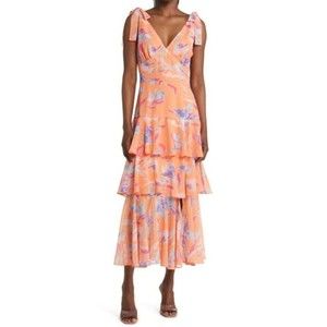 WAYF Alma Orange Floral Tiered Dress SIZE LARGE